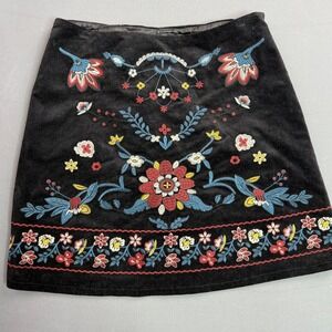 miami corduroy Black Mini Skirt with Red, Blue & Yellow Floral Embroidery